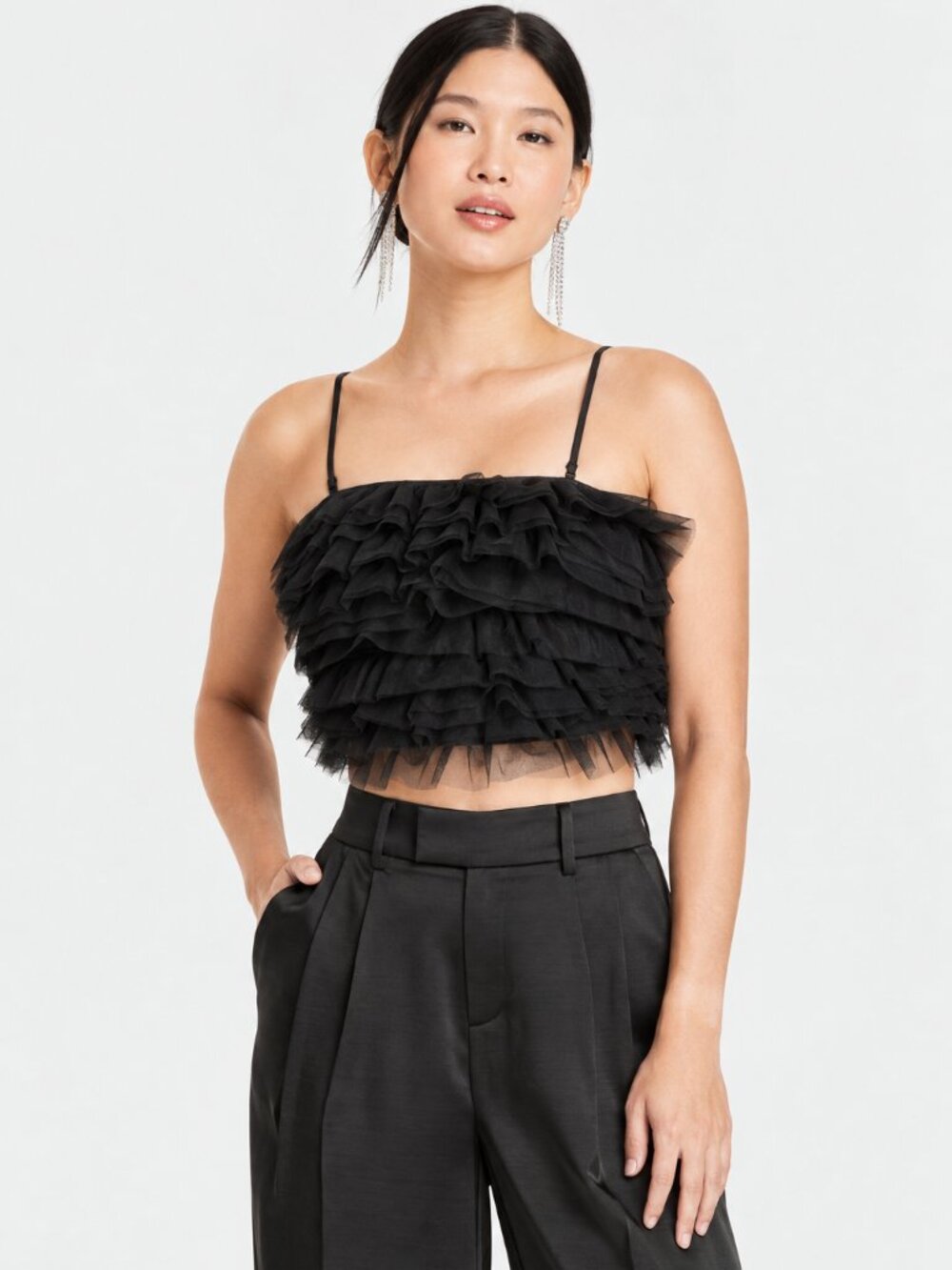 NWT A New Day Tiny Tulle Ruffle Crop Tank – Black – S